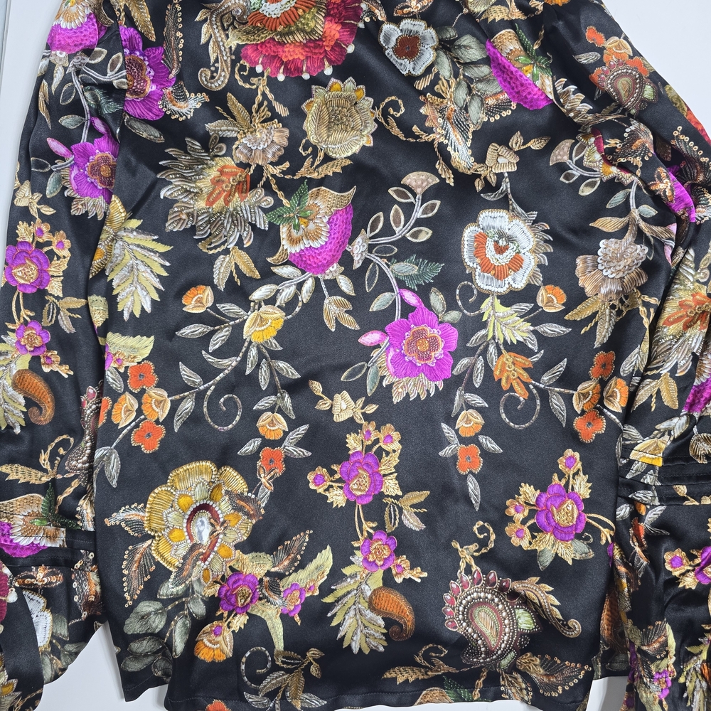 Johnny Was Claudia Black Floral Button-Front Peasant Blouse - Picture 6 of 6